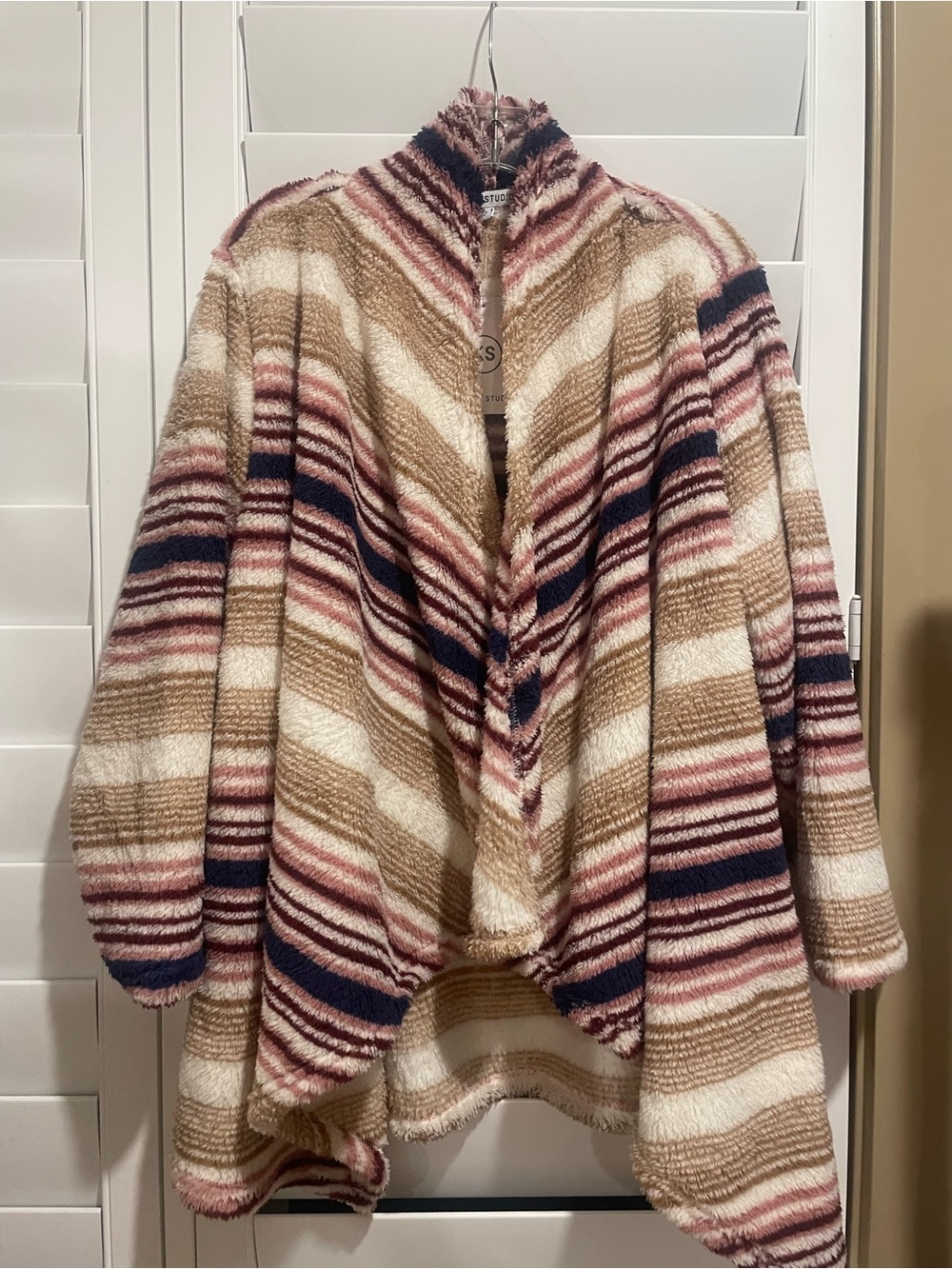 Striped Open-Front Cozy Women's Cardigan - Cream, Tan & Navy